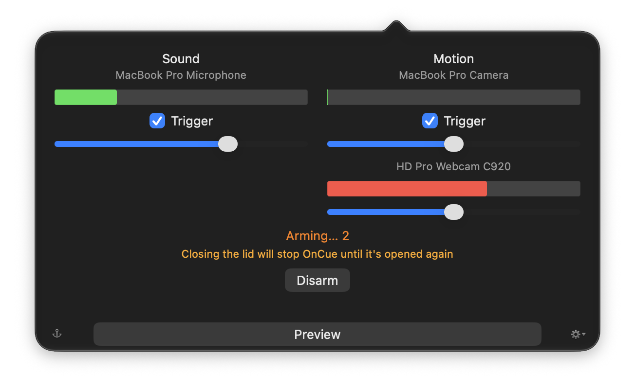 The OnCue popover, with sound and motion meters