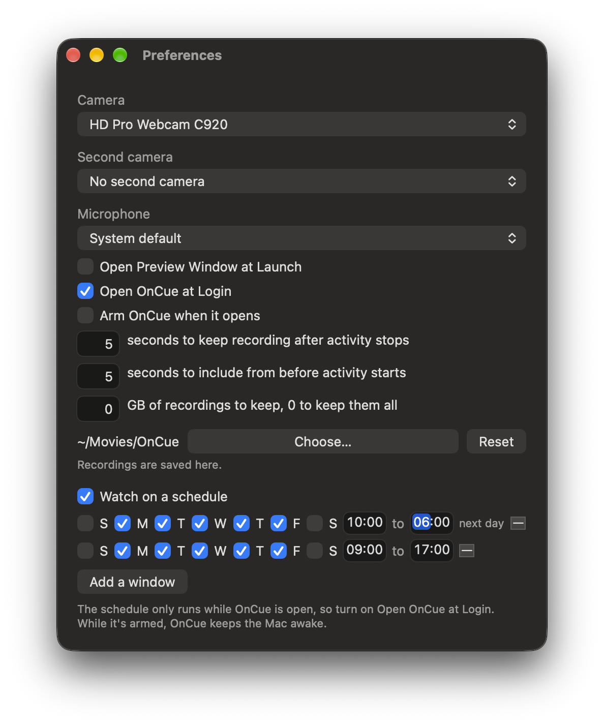 OnCue's settings